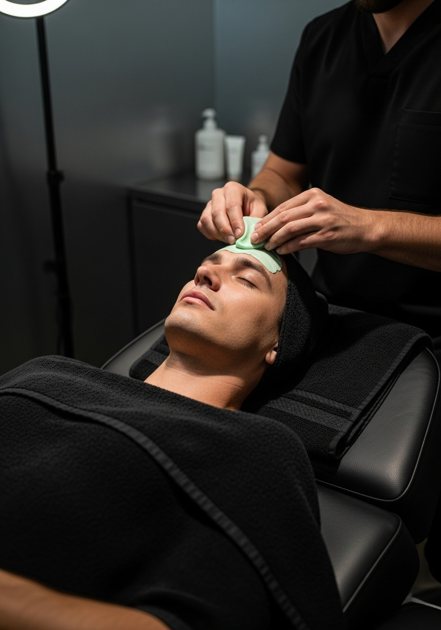 Facial treatment for men — masculine, discreet studio with steel-toned design.