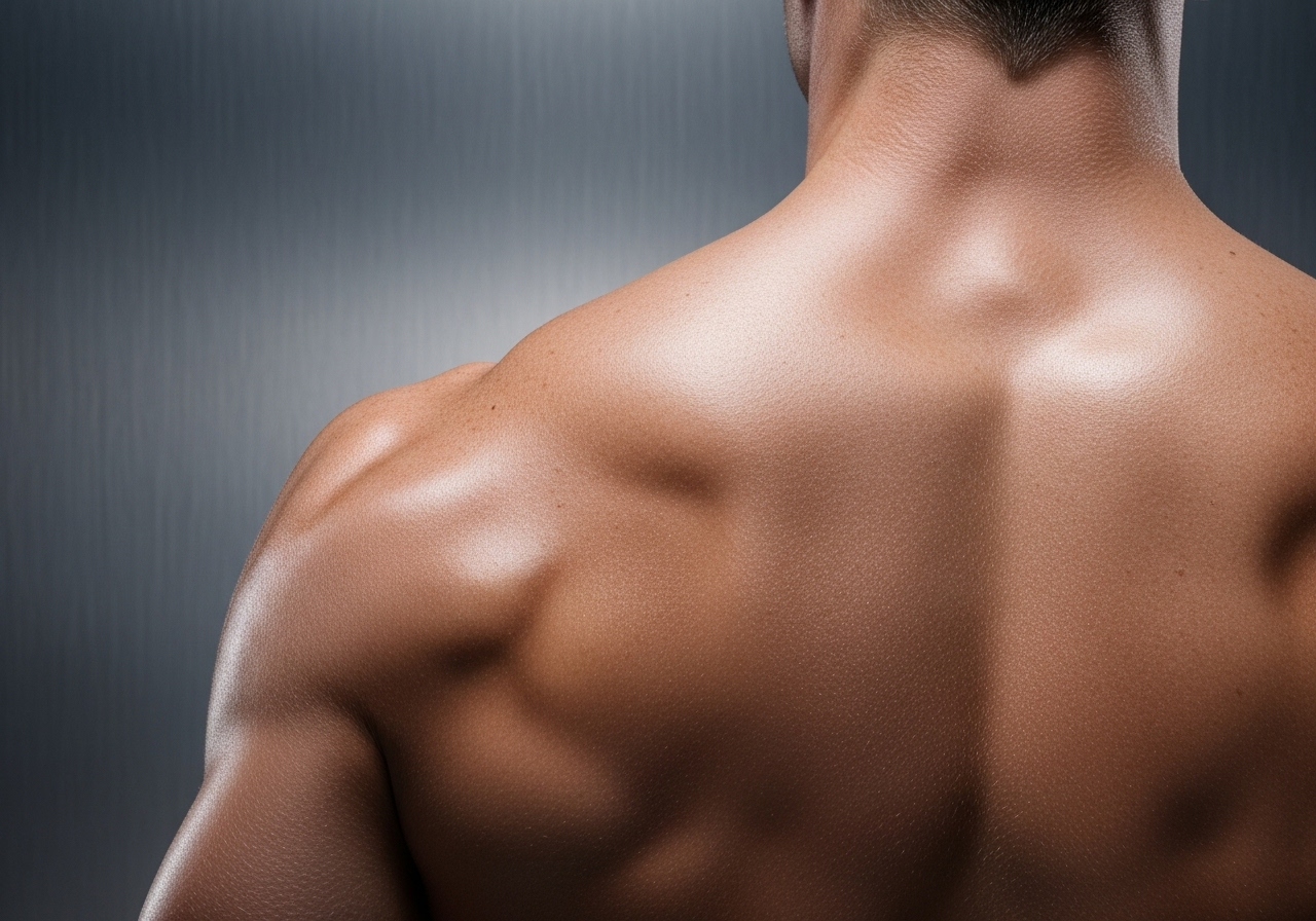 Back and shoulders waxing for men — smooth skin shown against brushed steel spa background.
