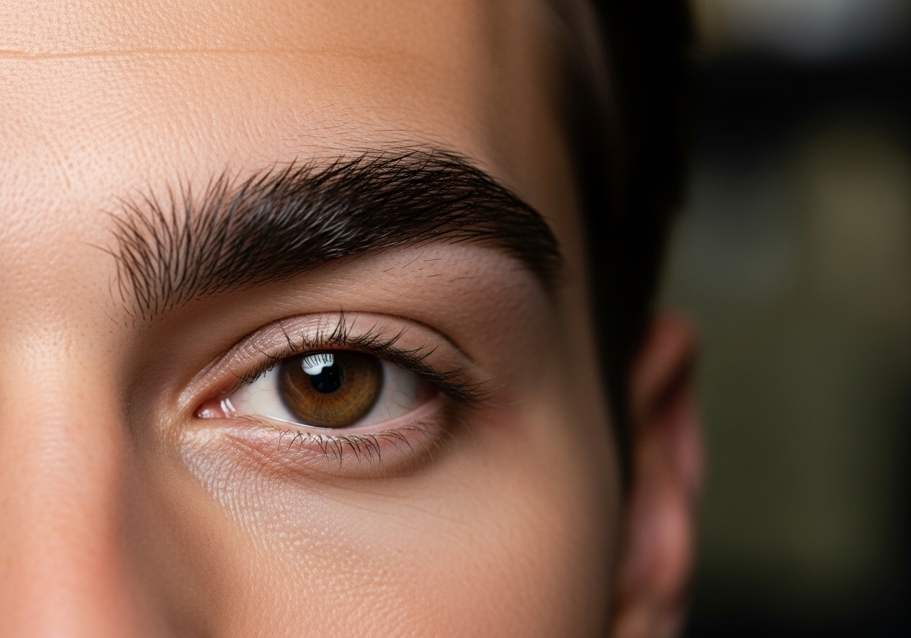 Eyebrow waxing for men — sharp, natural brows shown in close-up with steel-toned background.
