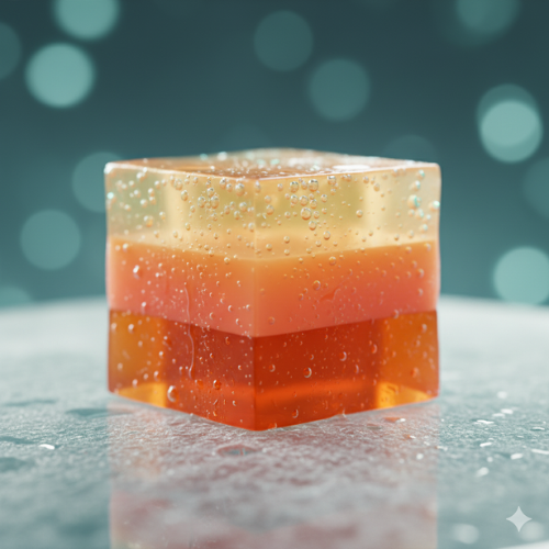 Photoreal Aperol Spritz cocktail jelly cube on frosted marble background