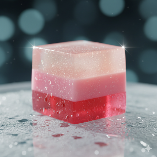 Photoreal Strawberry Prosecco cocktail jelly cube on frosted marble background